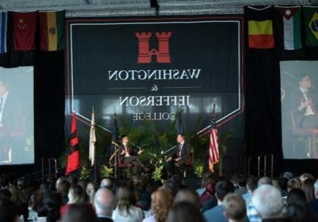 W&J President John C. Knapp, Ph.D., interviews the afternoon keynote speaker Nathan Law, a young activist for democracy in Hong Kong.